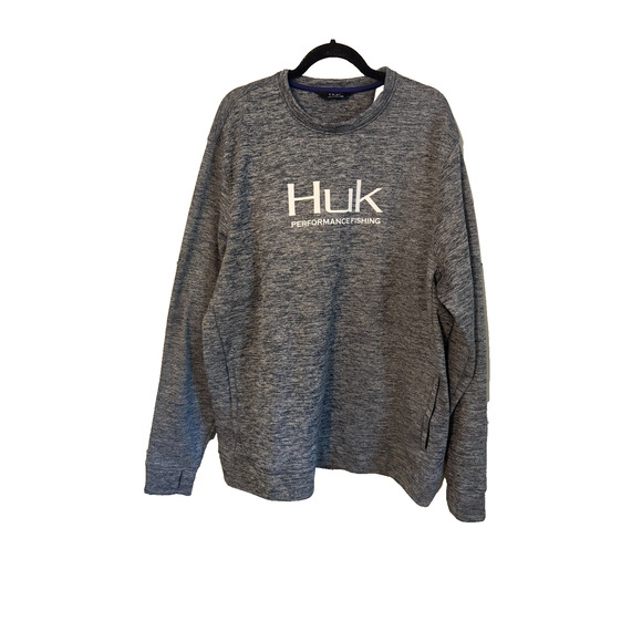 Huk Performance Fishing Fleece Crew Neck Sweatshirt Grey Heathered Men's Sz 2X - Picture 1 of 7